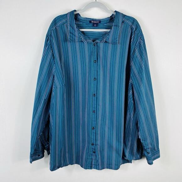 Roaman's Plus Size 36 Striped Long Sleeve Button Front Shirt Top Blue Cotton - Picture 1 of 4